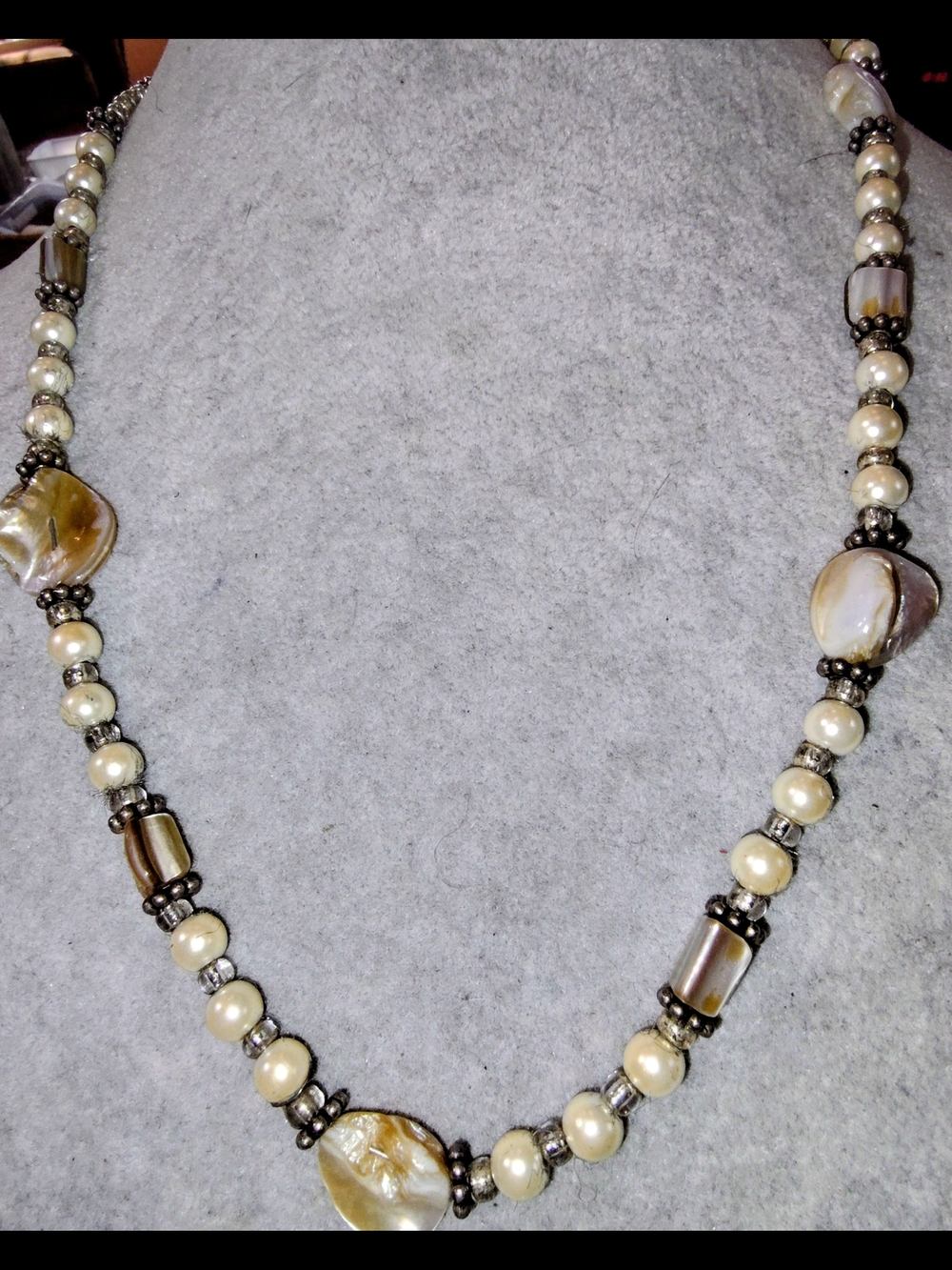 Artisan MOP  and Faux Pearl Silvertone Necklace 18-21"